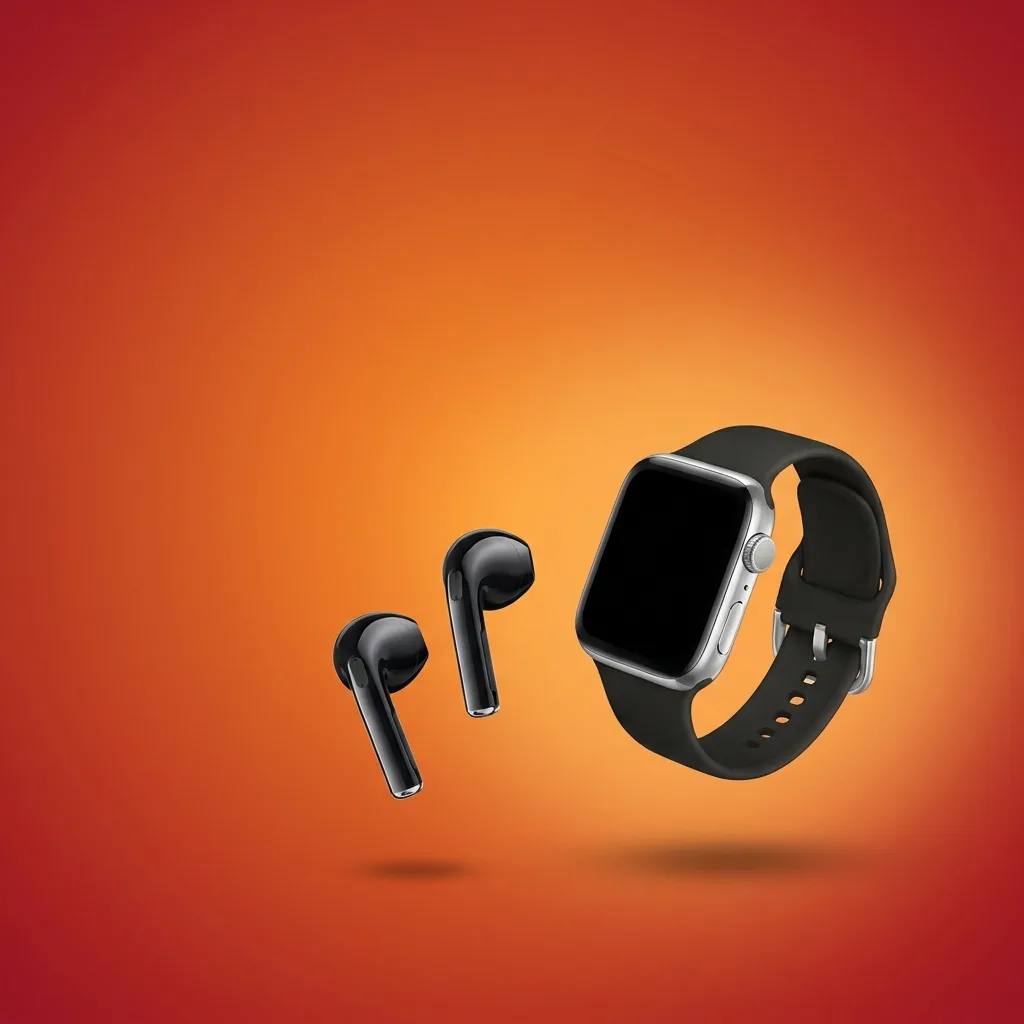 Banner promocional TecnoFixe com auriculares e smartwatch